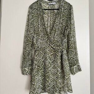 Zara Green and White Wrap Sundress with Bishop Sleeves